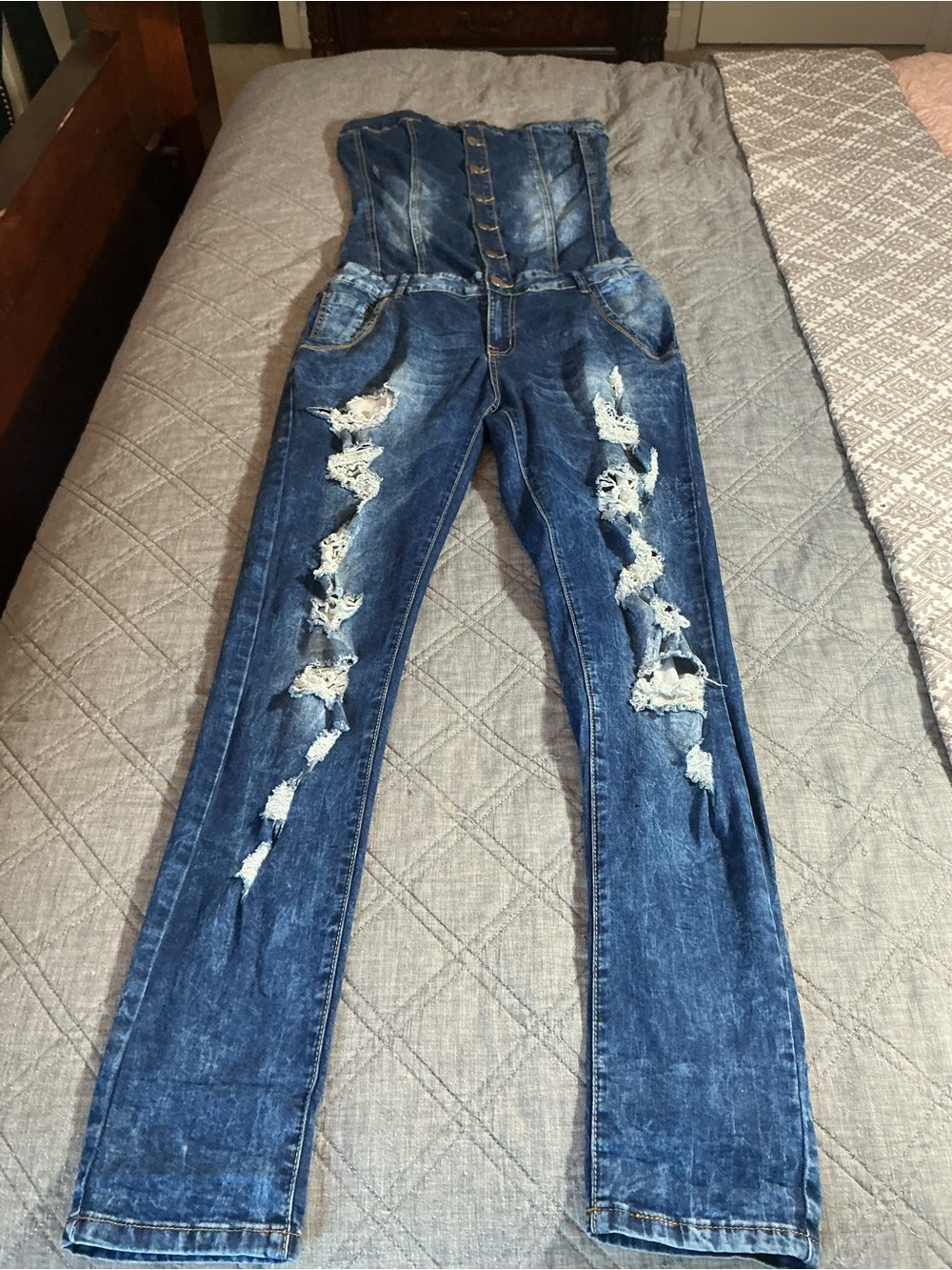 Dark Blue Distressed Women’s Denim Jumpsuit Jeans